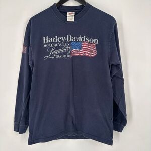 Vintage Y2K Harley Davidson Men’s T-Shirt Blue American Flag Myrtle Beach Medium